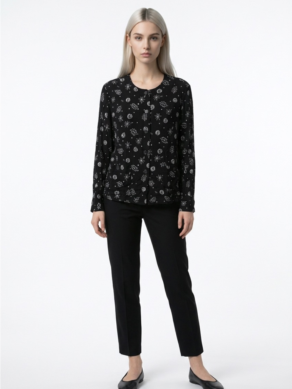 Pendleton Black Button-Down Shirt with White Floral Print